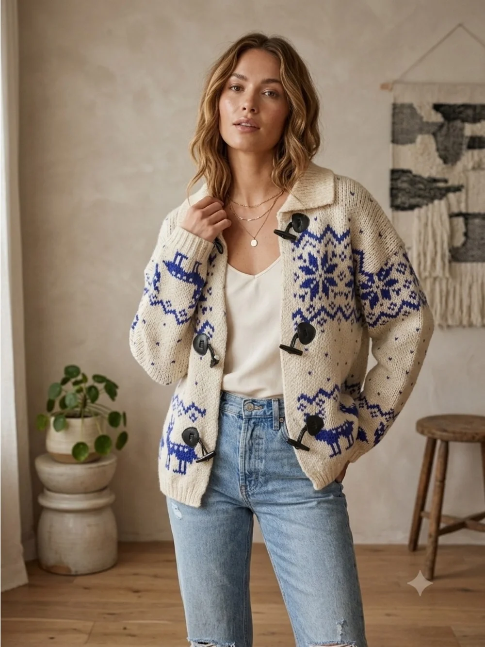 Bailey Rose Women's Fair Isle Reindeer Toggle Knit Collared Cardigan Small NWT - Picture 2 of 16